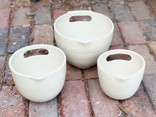 Scalloped Stoneware Nesting Mixing Bowl Set with Hand Grip Handles